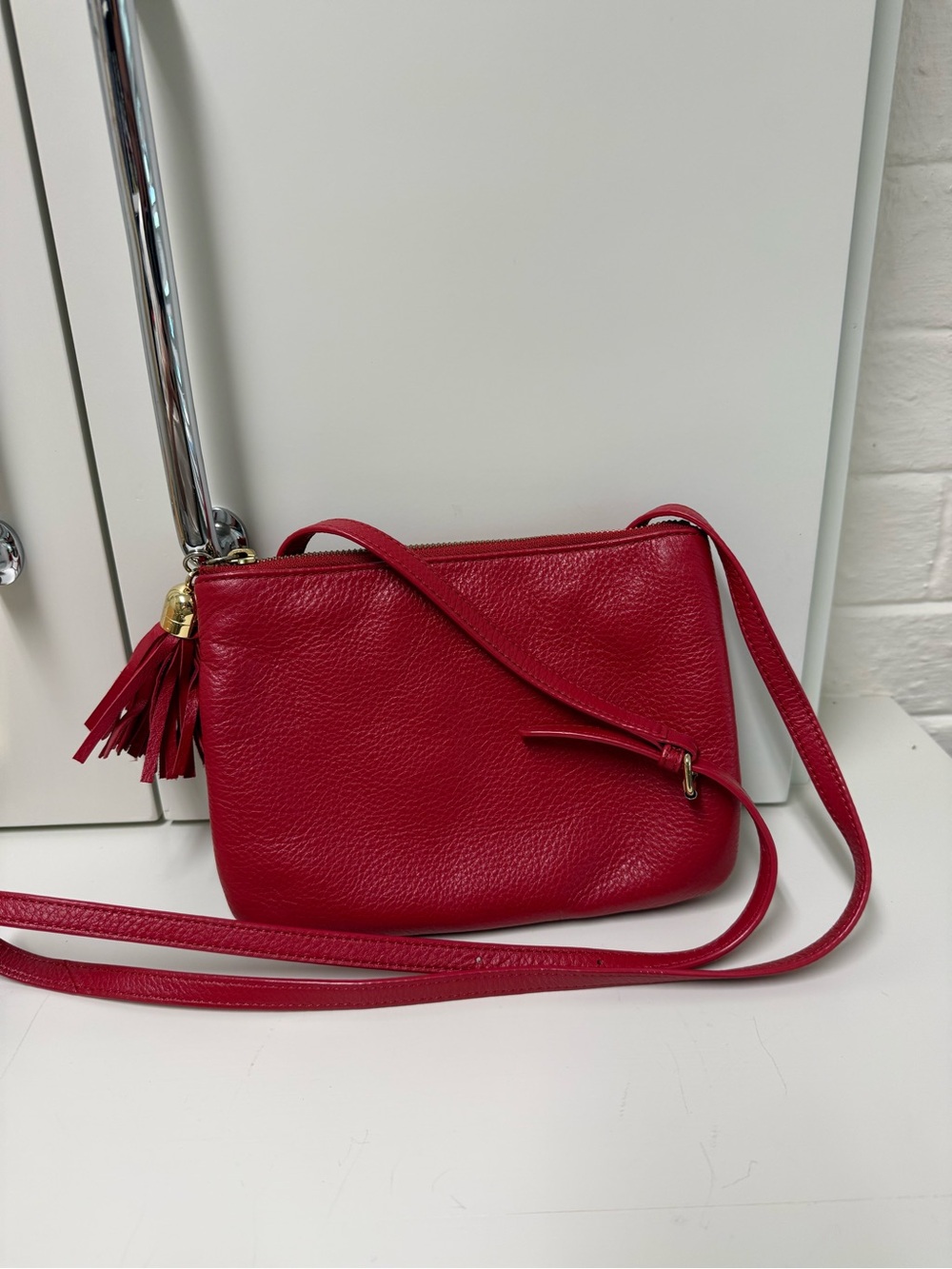 Talbots Red Leather Crossbody with Tassel Accent